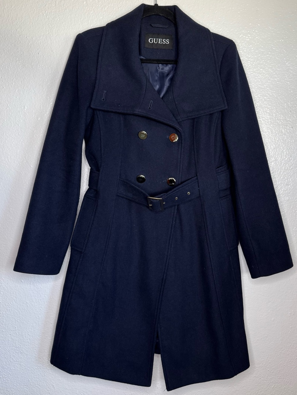 GUESS - Navy Double-Breasted Belted Trench Coat